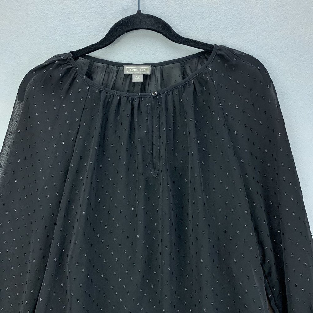 Point Sur J Crew Blouse Top Womens XS‎ Black Popover Chiffon Pin Dot Keyhole - Picture 2 of 14
